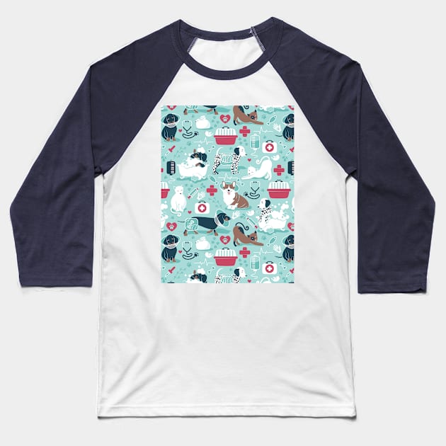 Veterinary medicine, happy and healthy friends // pattern // aqua background red details navy blue white and brown cats dogs and other animals Baseball T-Shirt by SelmaCardoso